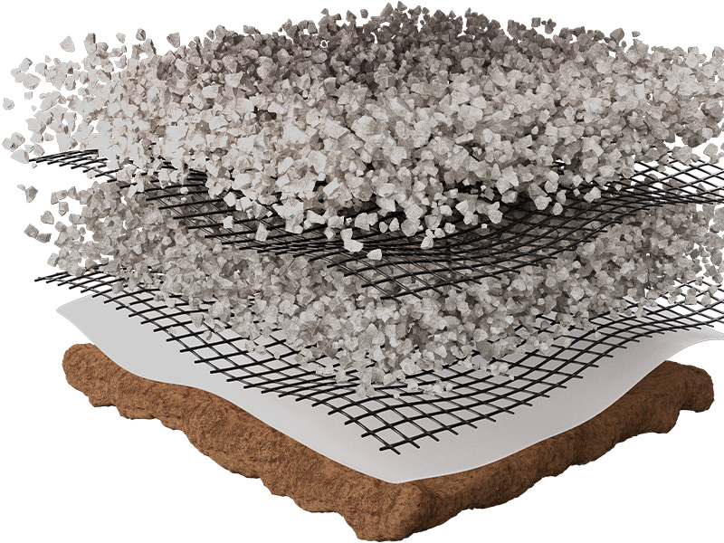 Two geogrids separating layers of aggregate to reinforce