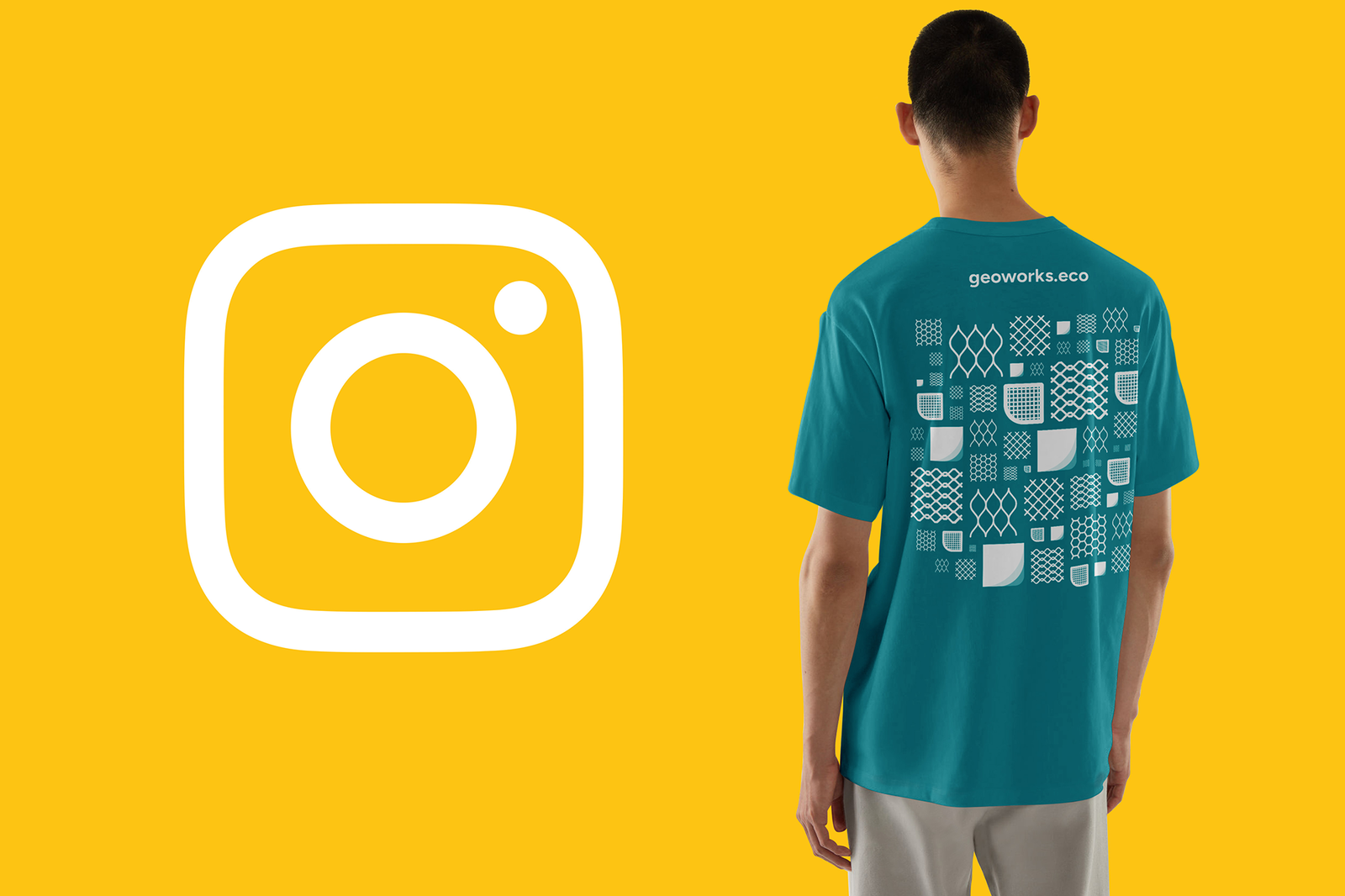 A yellow background with an Instagram logo and a man wearing a Geoworks turquoise t-shirt