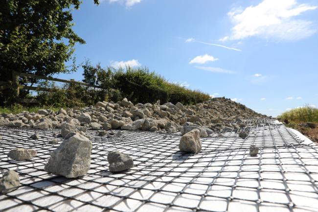 A geogrid on a haul road